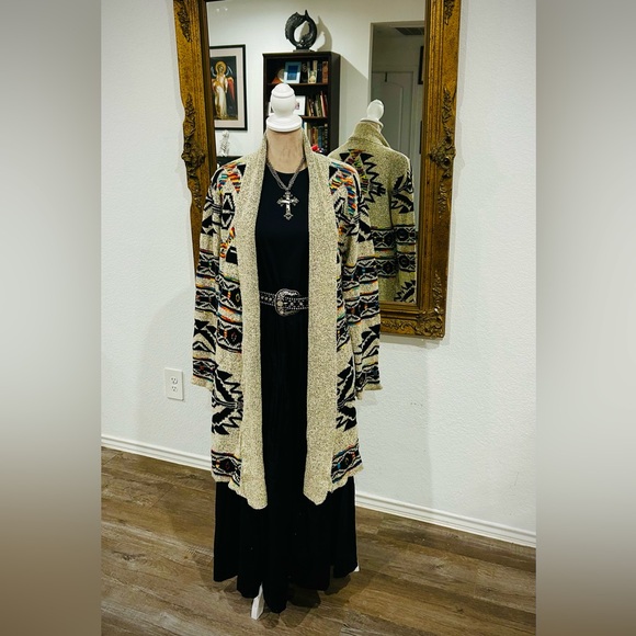 Aztec Tribal Southwestern Cowboy Western Rodeo style long Cardigan Sz Large - Picture 2 of 7